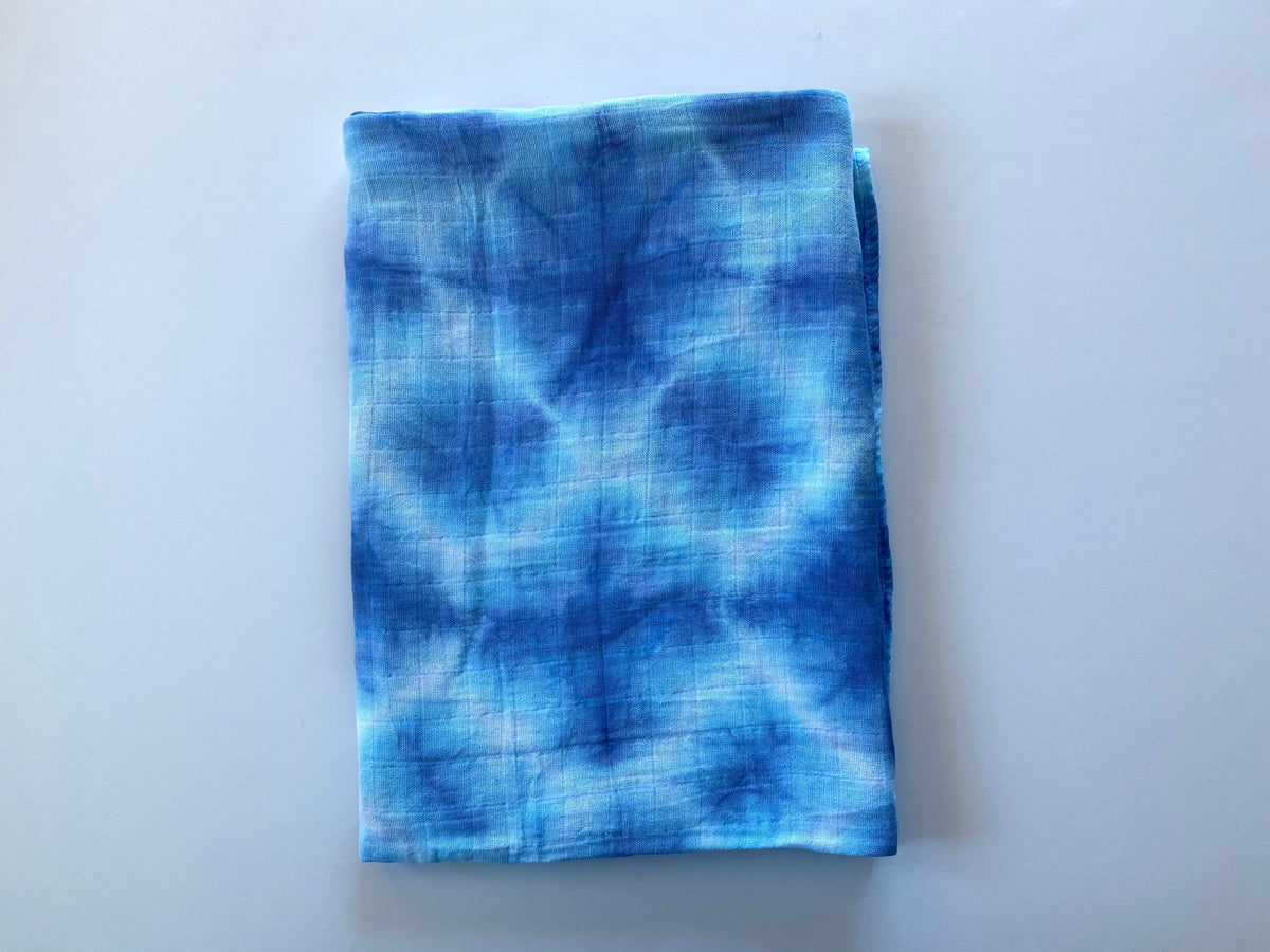 Blue Tie Dye Baby Swaddle Blanket - Hand Dyed Indigo Shibori Cotton Muslin - Shower Gift