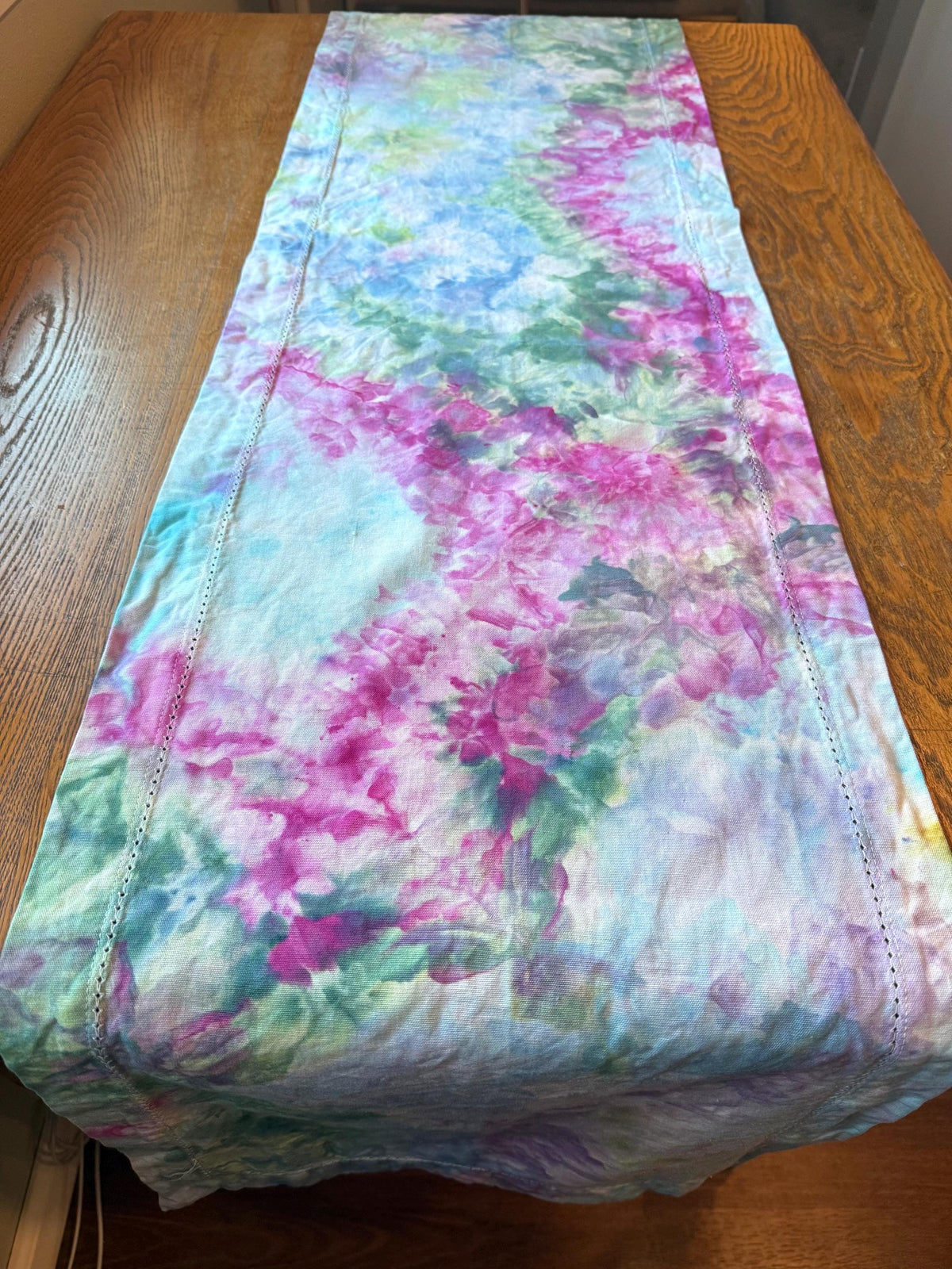Rainbow Ice Dyed Cotton Table Runner: Watercolor Garden Decor