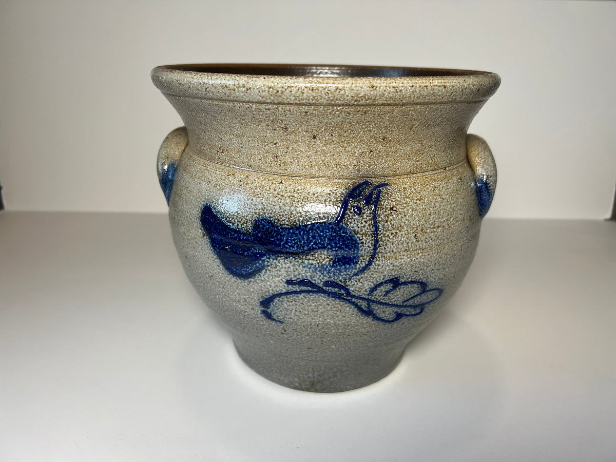 Rockdale Pottery Large Planter Crock – Hand-Painted Blue Bird, Salt Glaze Stoneware, Vintage 1984
