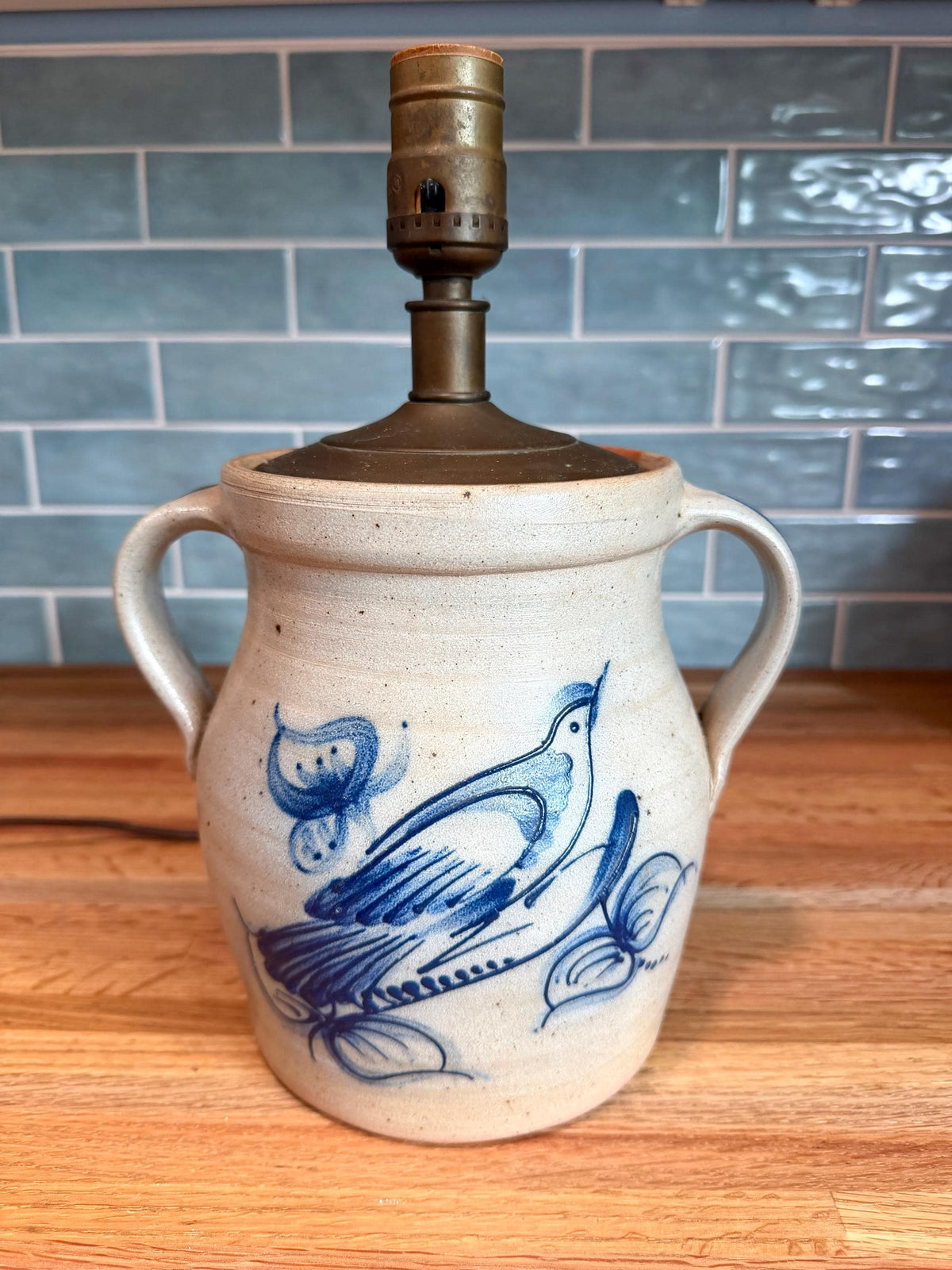 Rowe Pottery Lamp -  Hand Painted Cobalt Blue Bird - Gray Salt Glaze Stoneware, Brass Cap  - Vintage Wisconsin Folk Art 1990