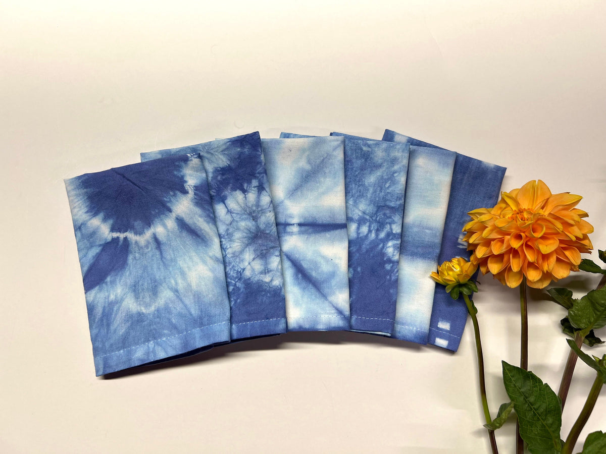 Blue Tie Dye Cocktail Cloth Napkins Set of 6 - Hand Dyed Shibori 100% Cotton -12”x12” Lunch - Table Linens Textiles - Hostess Wedding Gift