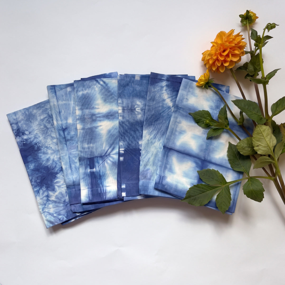 Shibori Dinner Napkins Set of 6 - Indigo Blue Hand Dyed Tie Dye 100% Cotton - Reusable Cloth Table Linens Textiles - Housewarming Host Hostess Gift
