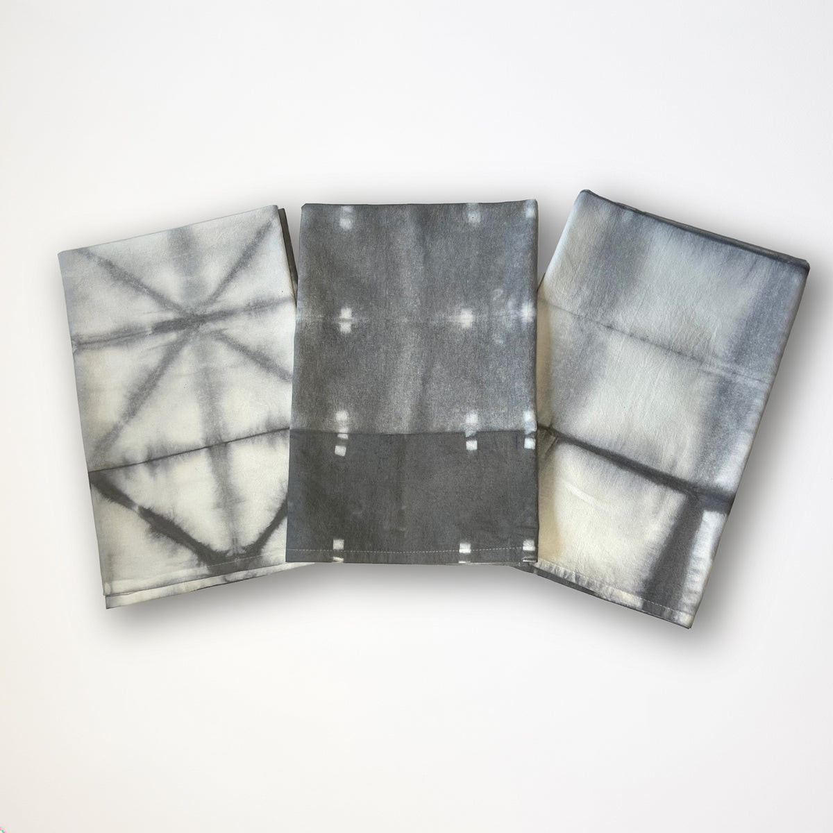 Hand Dyed Shibori Tea Towels: Charcoal Gray Cotton Dish Cloths, Set of 3
