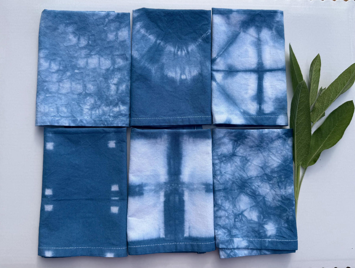 Blue Tie Dye Cocktail Cloth Napkins Set of 6 - Hand Dyed Shibori 100% Cotton -12”x12” Lunch - Table Linens Textiles - Hostess Wedding Gift