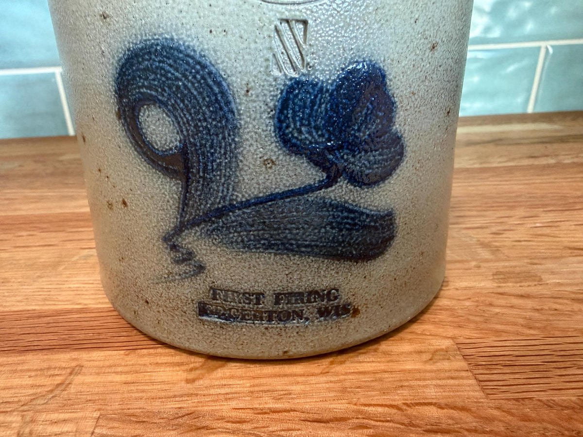 Vintage Rockdale Pottery Crock – Gray Salt Glaze, Blue Heart Flower, 1991 First Firing