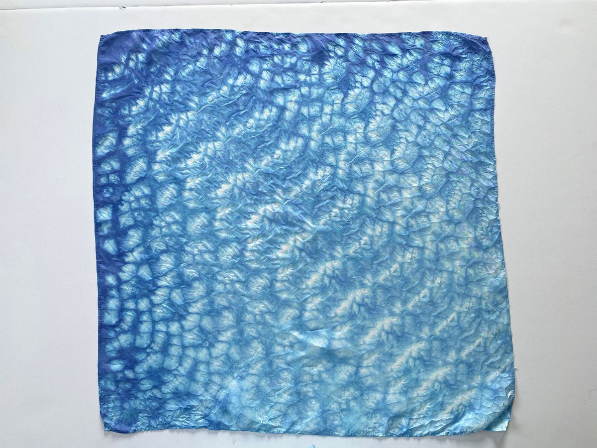 Indigo Blue Shibori Honeycomb Silk Scarf: Hand-Dyed Bandana, Head Scarf