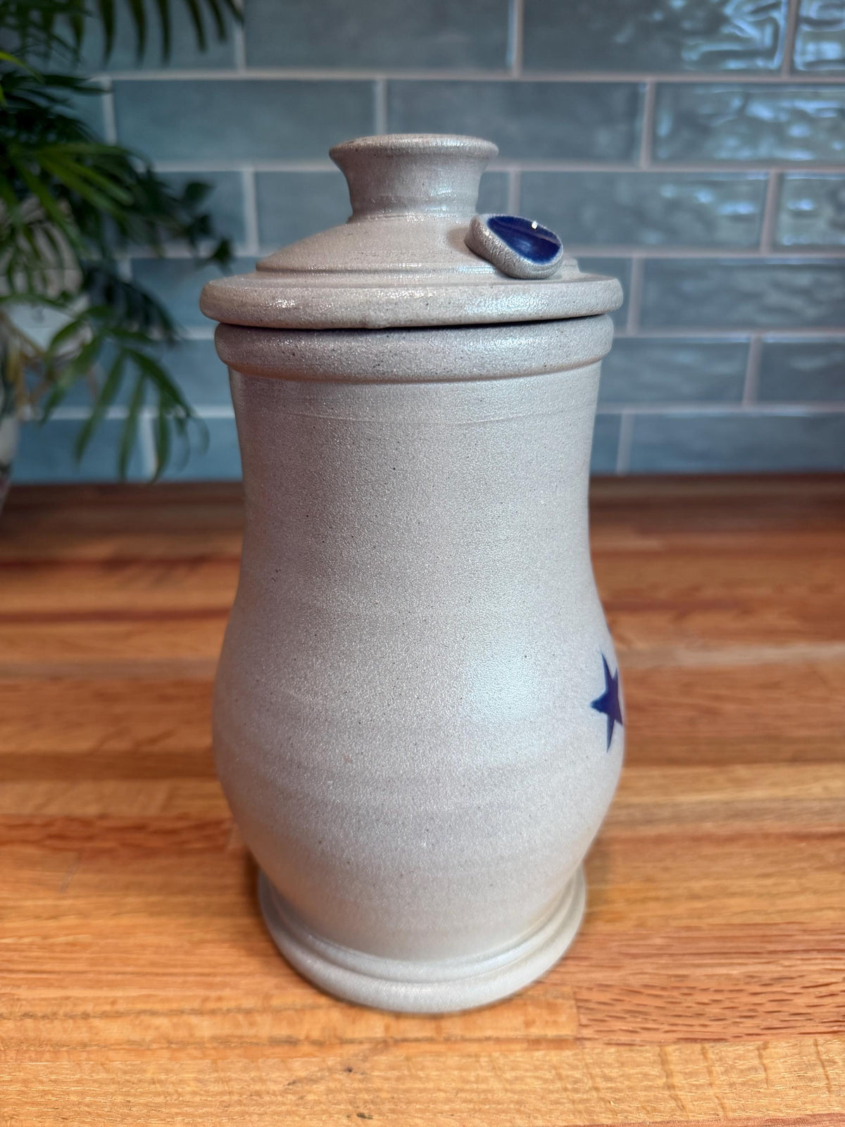 Rowe Pottery Storm Jar - Cobalt Blue Stars - Gray Salt Glaze Stoneware - Candle Holder Jug - Vintage 2002