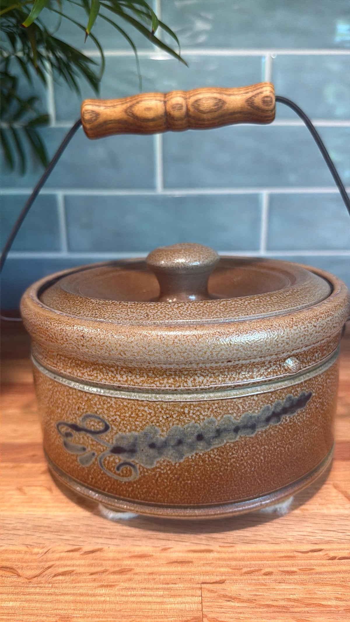 Rowe Pottery Butter Crock with Lid, Wood Handle- Blue Floral - Salt Glaze - Historical Collection