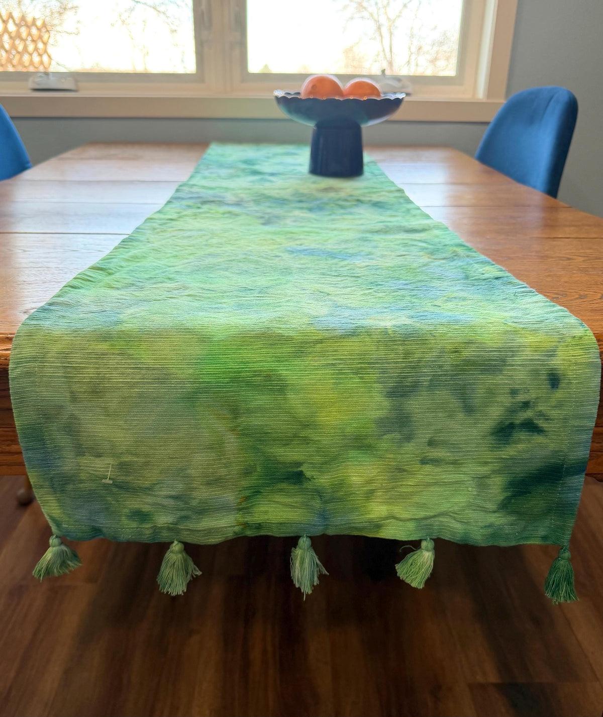 Green Hand-Dyed Cotton Table Runner with Tassels 72” - Marbled Watercolor Tie Dye