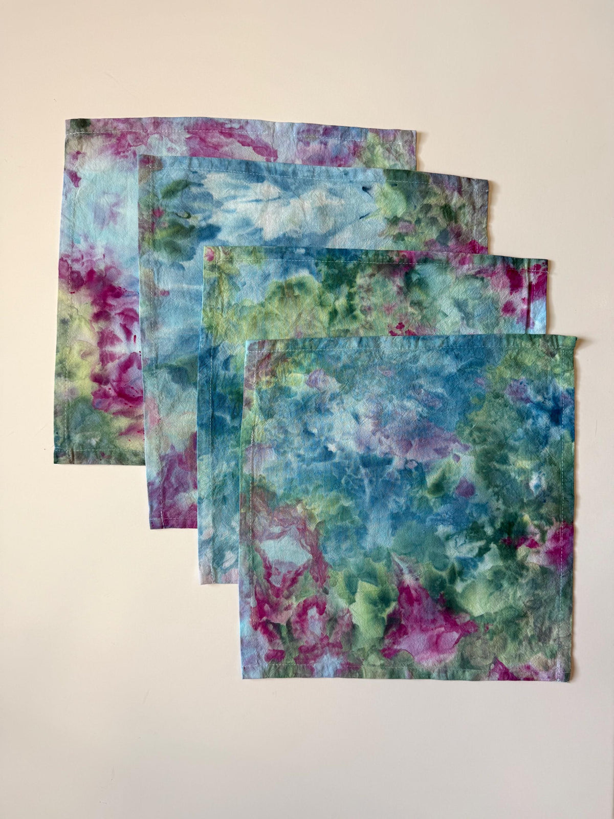 Ice Dye Garden Party Cloth Cocktail Napkins Set of 6 - Hand Dyed 100% Cotton Green Pink Blue  12”x12”- Tie Dye Table Linens Textiles