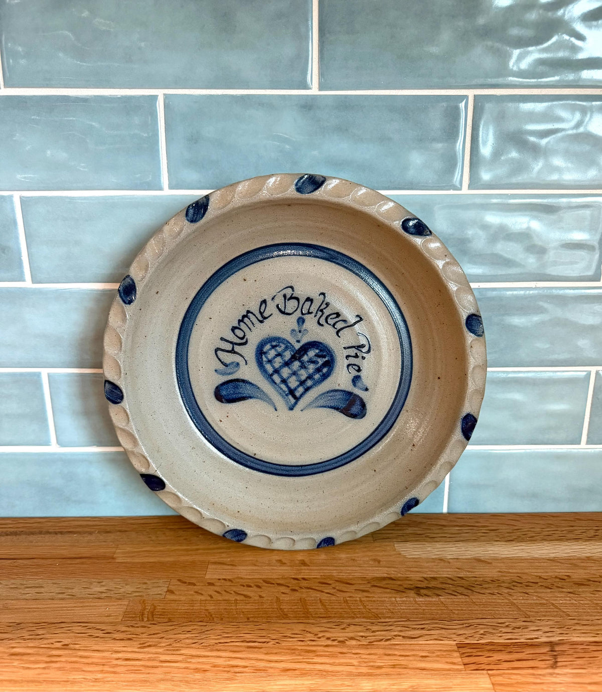 Rowe Pottery Pie Plate Dish – “Home Baked Pie” Hand-Painted Blue Heart, Vintage 1990