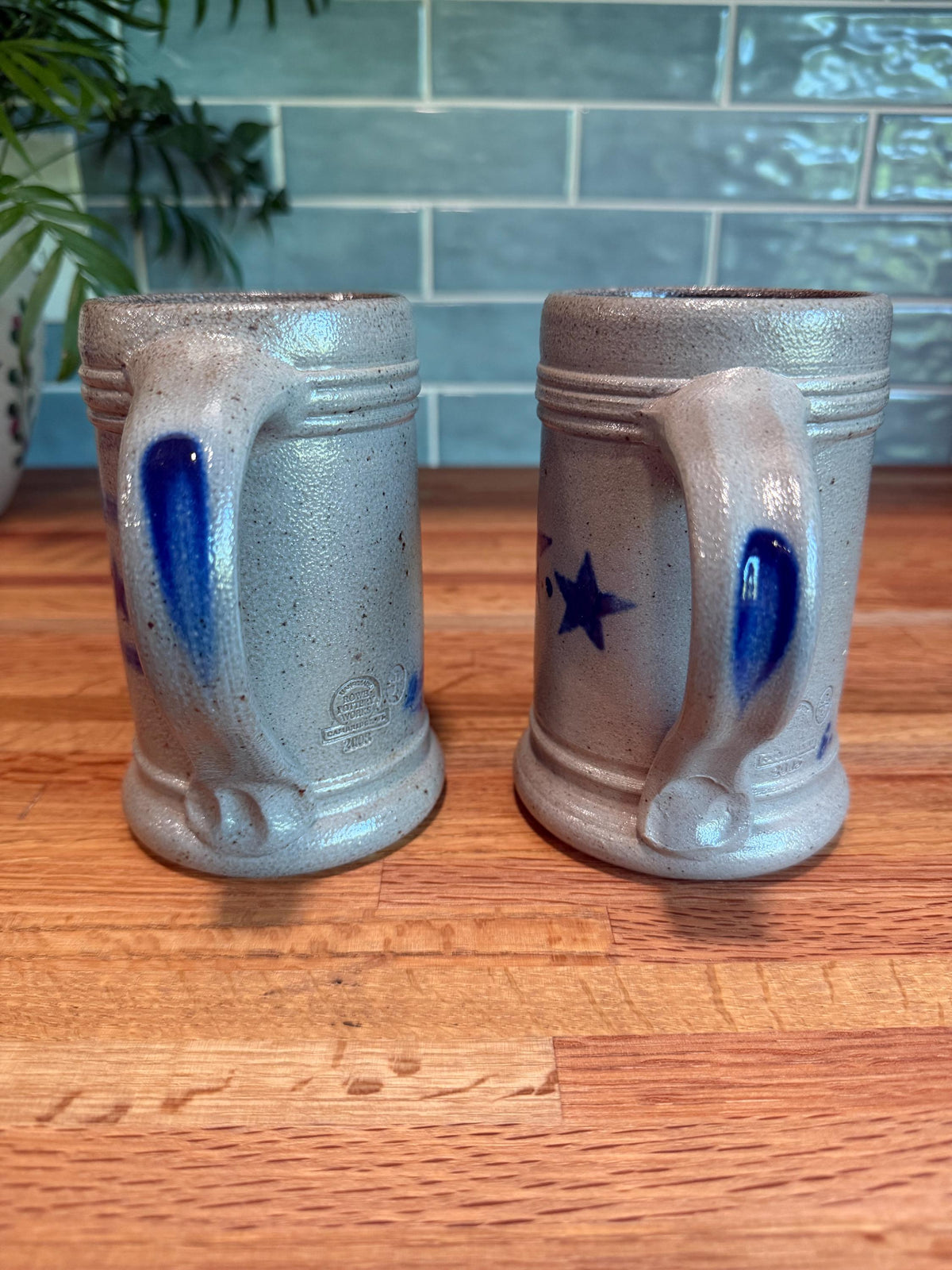 Rowe Pottery Coffee Tankard Mug Set of 2 -  Cobalt Blue Stars - Gray Salt Glazed Stoneware - Beer Steins - Vintage