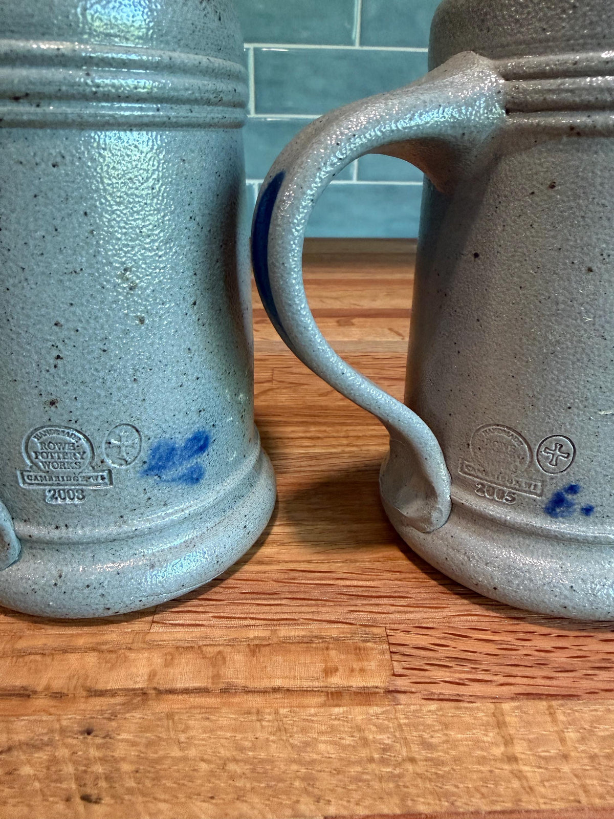 Rowe Pottery Coffee Tankard Mug Set of 2 -  Cobalt Blue Stars - Gray Salt Glazed Stoneware - Beer Steins - Vintage
