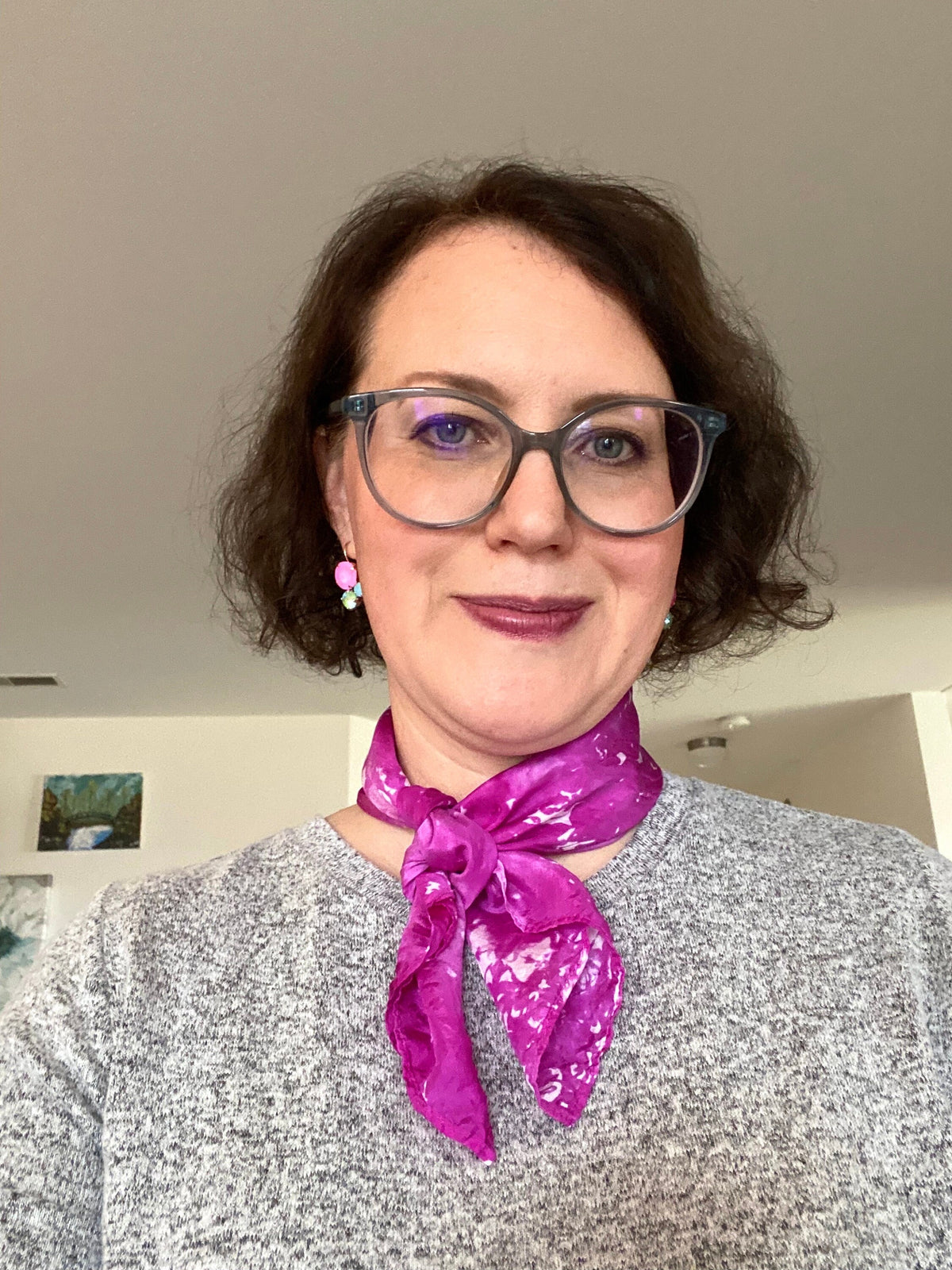 Hand Dyed Silk Scarf: Berry Pink Ice Dye, Habotai Silk Bandana
