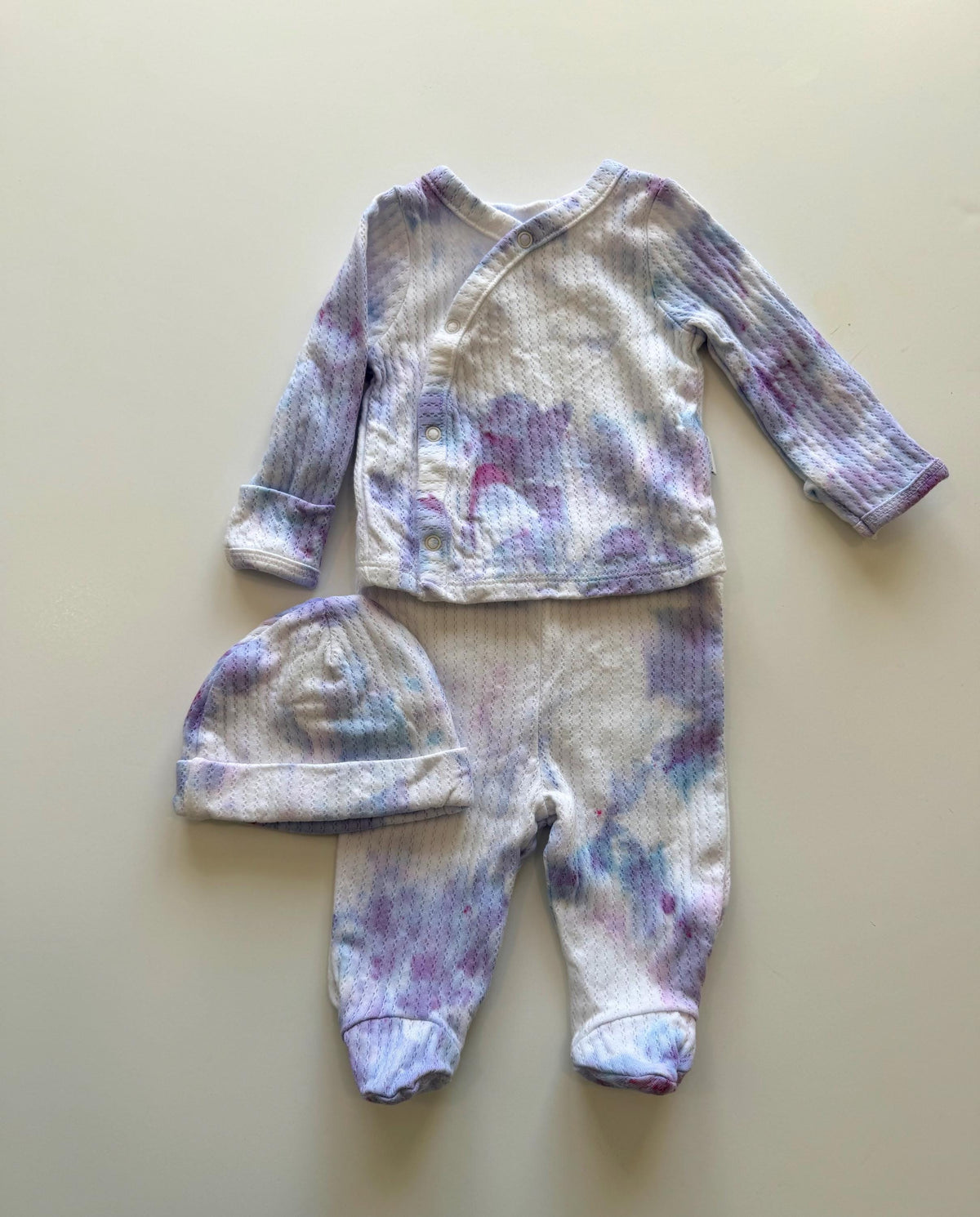 Baby Hospital Outfit Coming Home Set - Hand Dyed Ice Dye Lavender Cotton Layette - Boy Girl Shower Gift - Newborn 0-3 Months