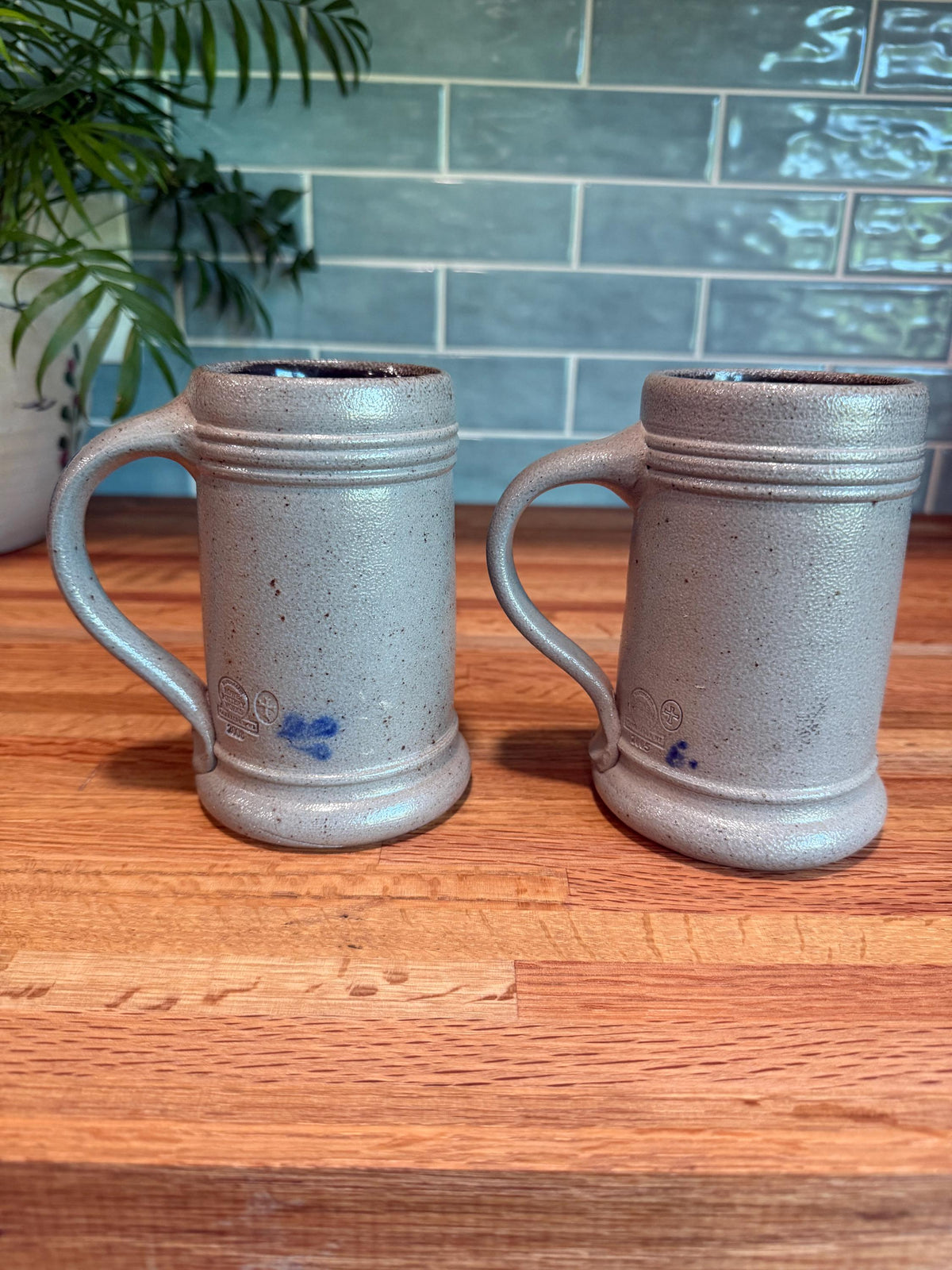 Rowe Pottery Coffee Tankard Mug Set of 2 -  Cobalt Blue Stars - Gray Salt Glazed Stoneware - Beer Steins - Vintage
