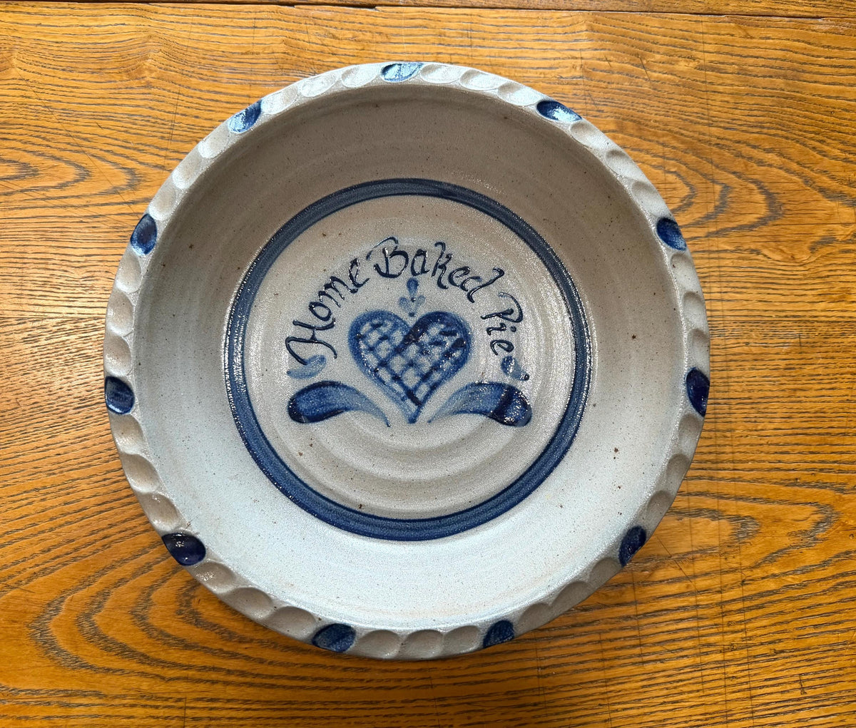 Rowe Pottery Pie Plate Dish – “Home Baked Pie” Hand-Painted Blue Heart, Vintage 1990