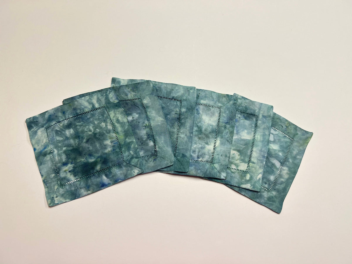Spruce Green Marbled Tie Dye Coasters -  6” Cocktail Napkins - Hand Dyed 100% Cotton  - Dinner Party Table Decor