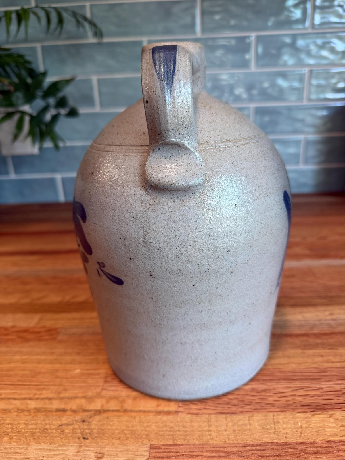 Rockdale Pottery Jug with Handle - Hand Painted Blue Floral - Salt Glaze Stoneware  - Vintage 1993