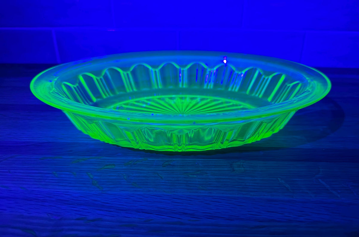 Vintage Anchor Hocking Green Uranium Glass 10” Oval Vegetable Bowl, Colonial