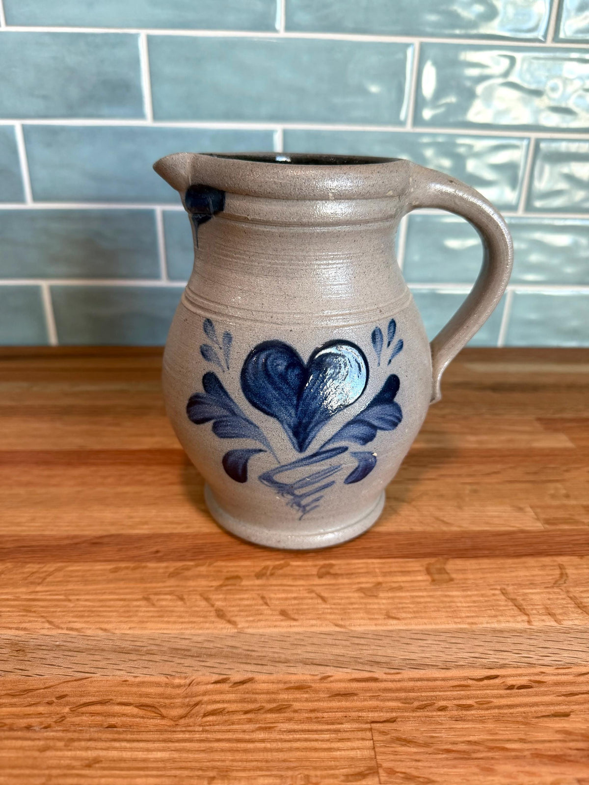 Rowe Pottery Quart Pitcher – Hand-Painted Cobalt Blue Heart - Salt Glaze Stoneware- Vintage Wisconsin Art