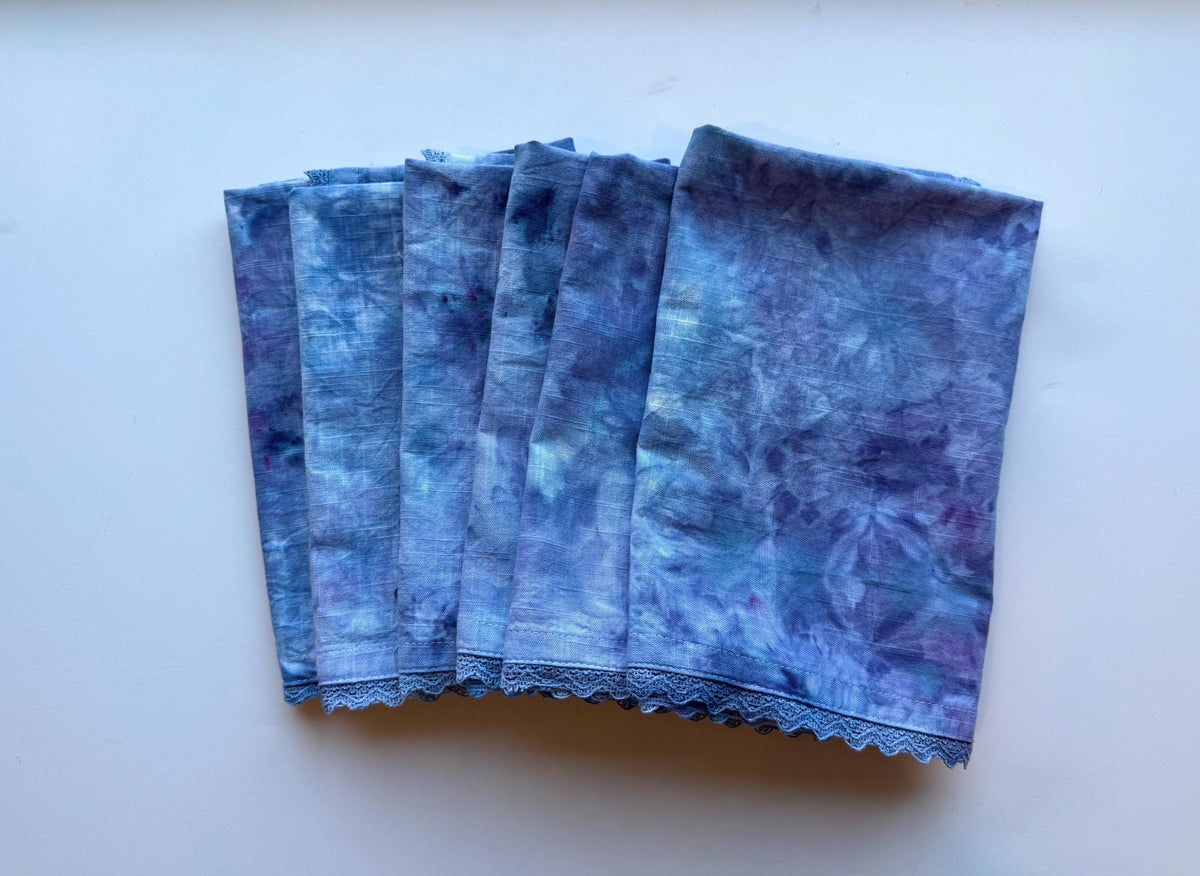 Ice Dyed Midnight Blue Cloth Napkin Set of 6 -  Crochet Lace Trim -100% Cotton 20”x20”- Hand Dyed - Northern Sky Table Linens Textiles