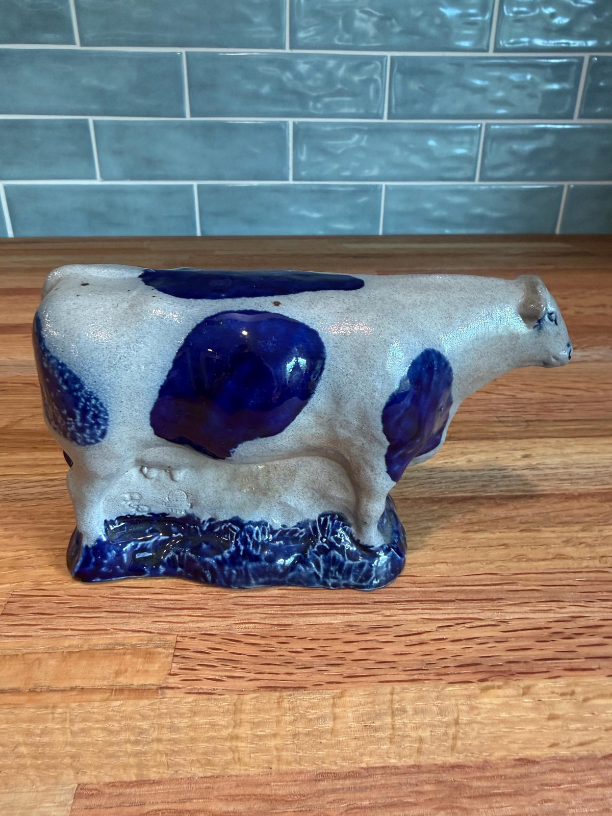 Rowe Pottery Cow Figurine – Cobalt Blue - Gray Salt Glaze Stoneware - Vintage 1994 - Made in Wisconsin Folk Art