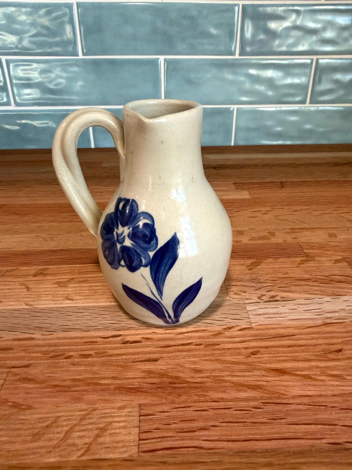 Williamsburg Pottery Vase - Hand Painted Cobalt Blue Floral - Cream Salt Glaze Stoneware - Vintage 1980s