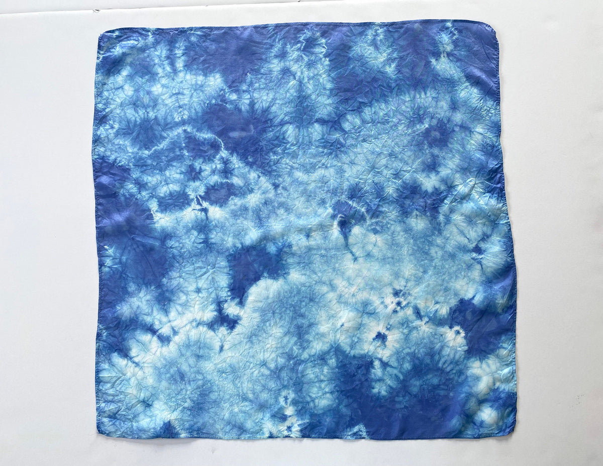 Indigo Blue Shibori Clouds Silk Scarf: Hand-Dyed Bandana, Head Scarf
