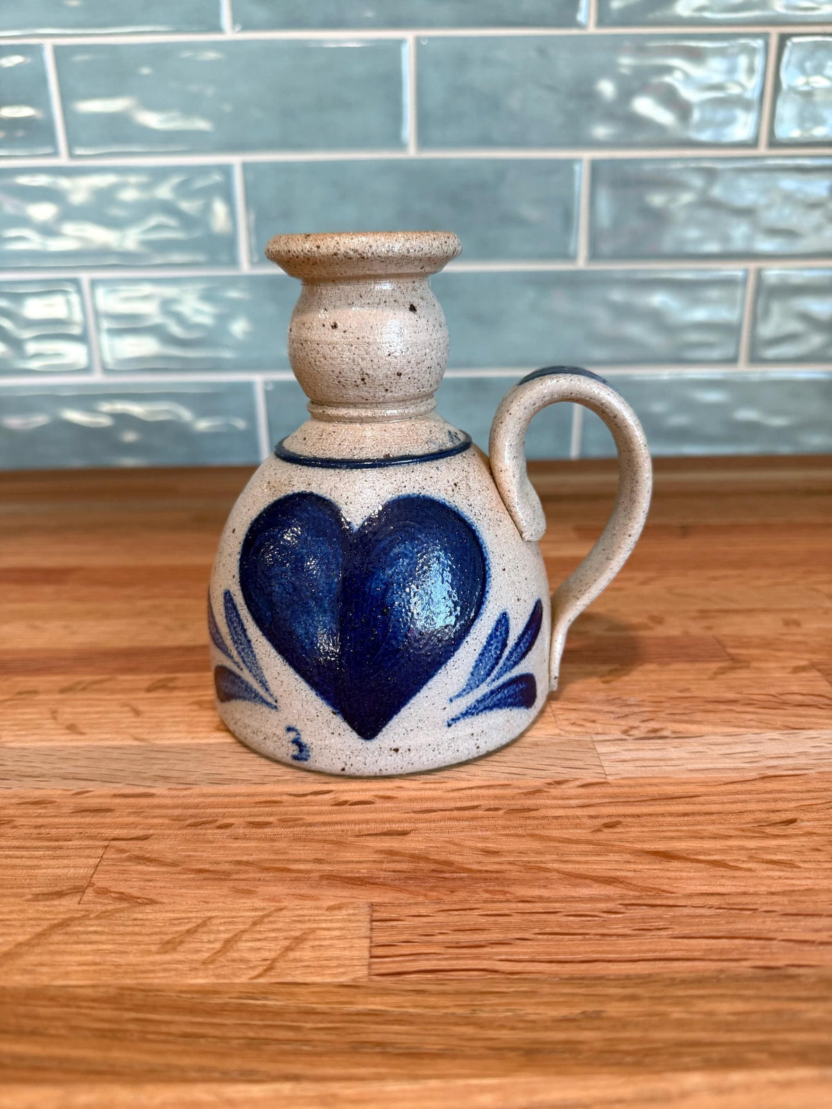 Vintage Rowe Pottery Candle Holder – Hand-Painted Cobalt Blue Heart, 1986