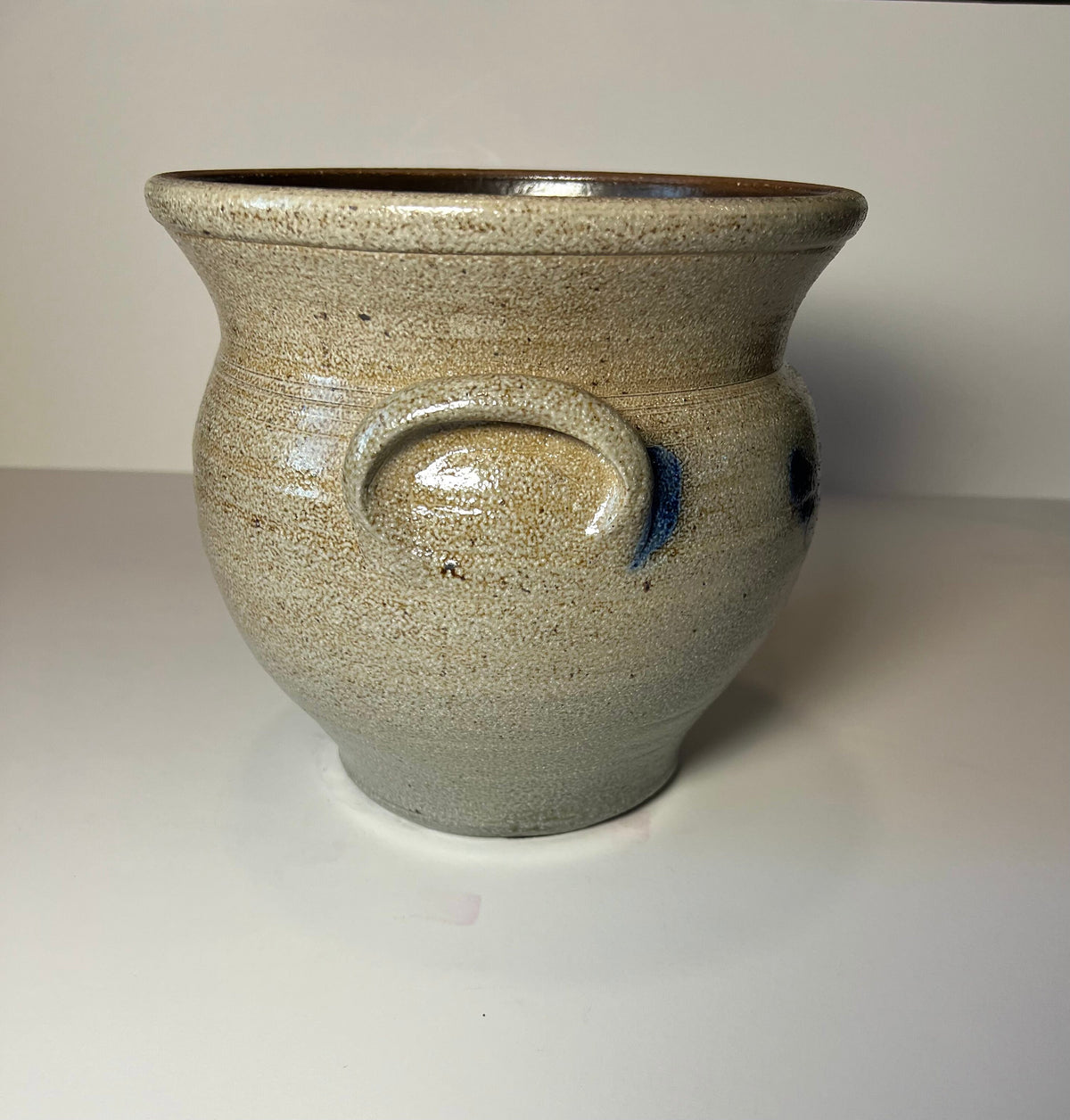 Rockdale Pottery Large Planter Crock – Hand-Painted Blue Bird, Salt Glaze Stoneware, Vintage 1984