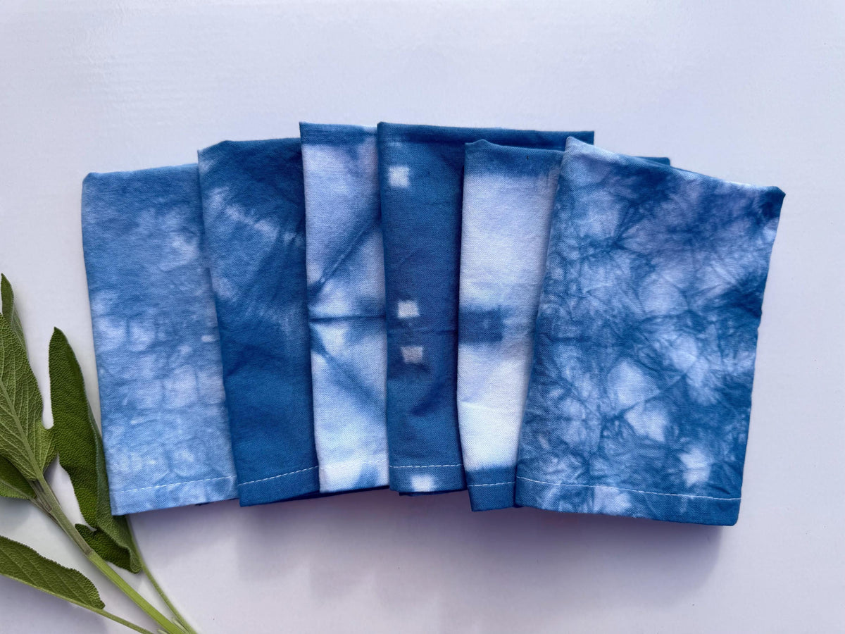 Blue Tie Dye Cocktail Cloth Napkins Set of 6 - Hand Dyed Shibori 100% Cotton -12”x12” Lunch - Table Linens Textiles - Hostess Wedding Gift
