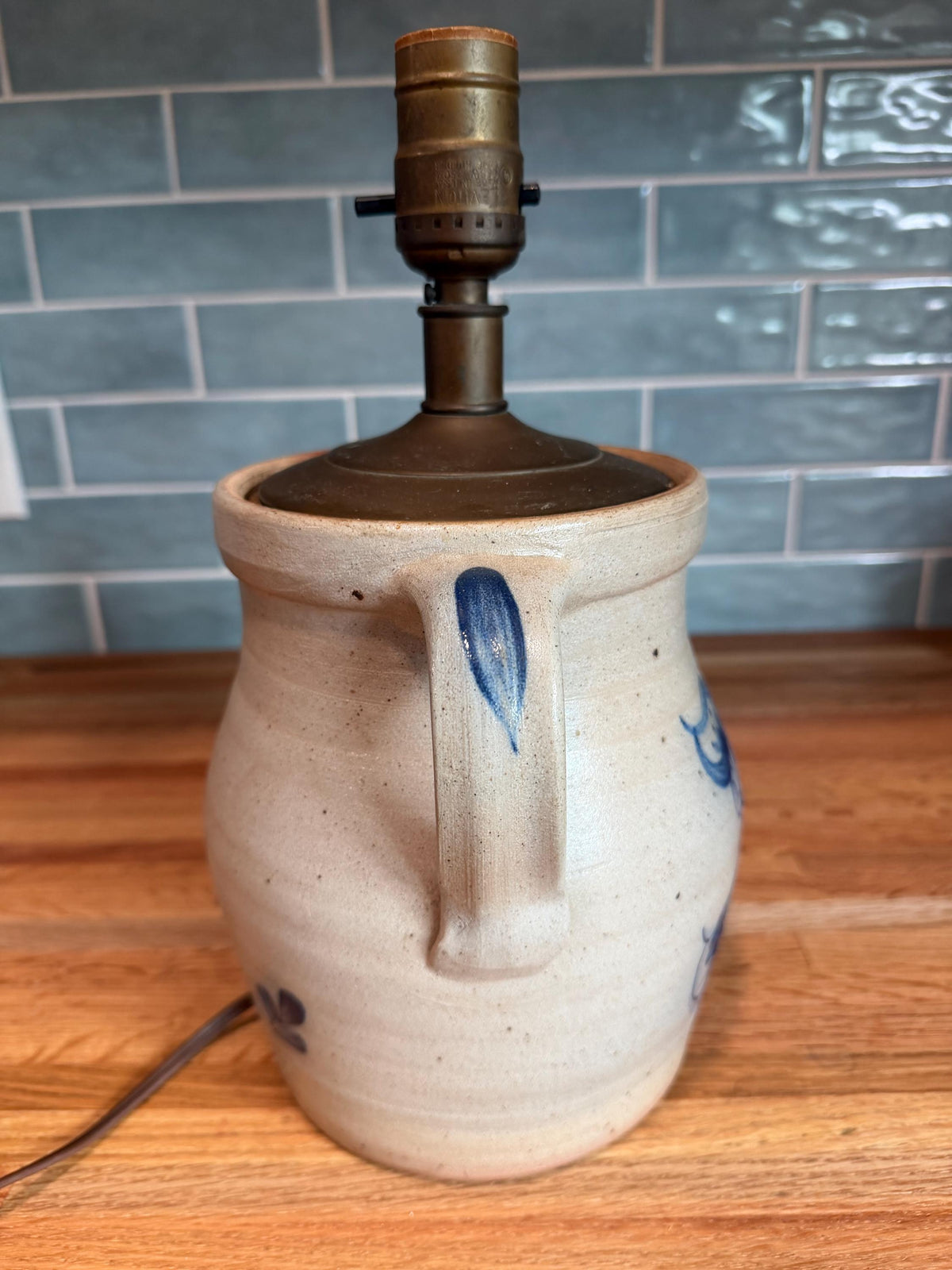 Rowe Pottery Lamp -  Hand Painted Cobalt Blue Bird - Gray Salt Glaze Stoneware, Brass Cap  - Vintage Wisconsin Folk Art 1990
