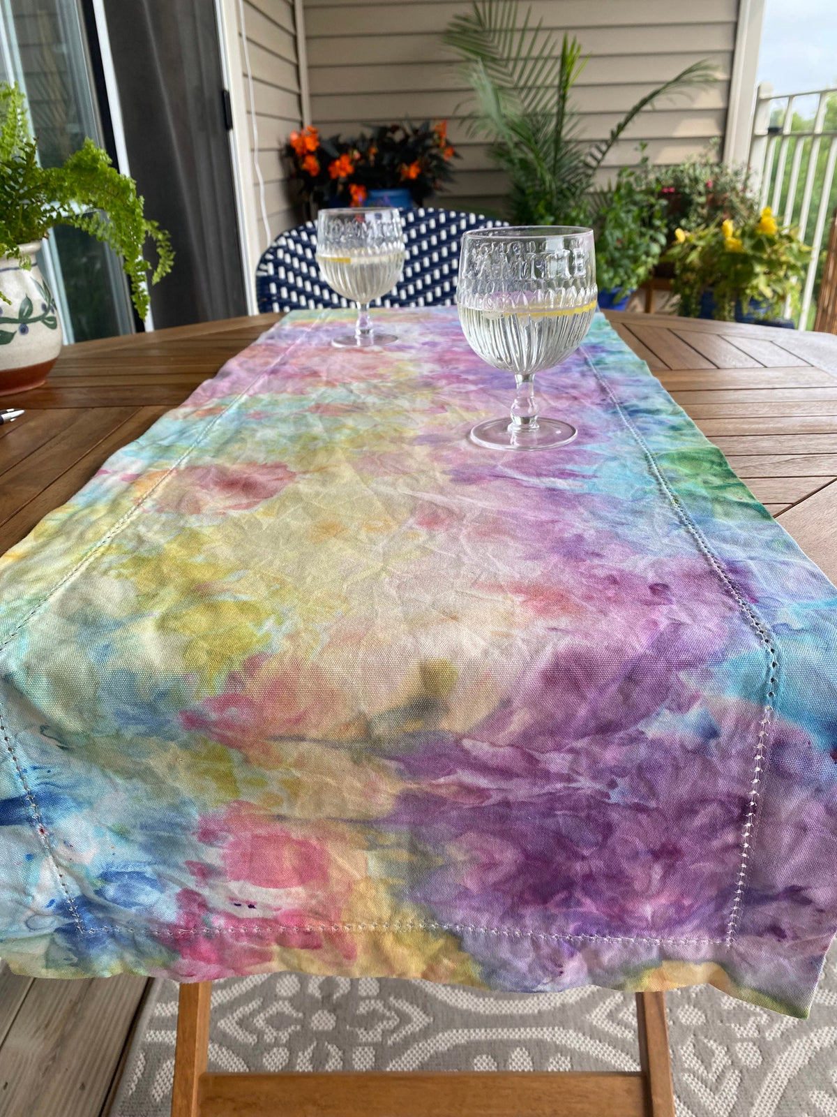 Rainbow Ice Dyed Cotton Table Runner: Watercolor Garden Decor